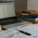 Mesa de estudo organizada com livros, laptop e anotações, simbolizando a preparação para concursos bancários 2025.