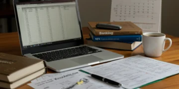 Mesa de estudo organizada com livros, laptop e anotações, simbolizando a preparação para concursos bancários 2025.