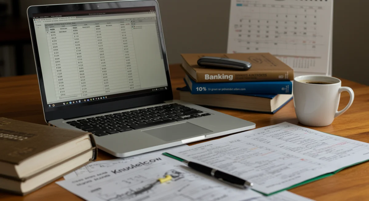 Mesa de estudo organizada com livros, laptop e anotações, simbolizando a preparação para concursos bancários 2025.