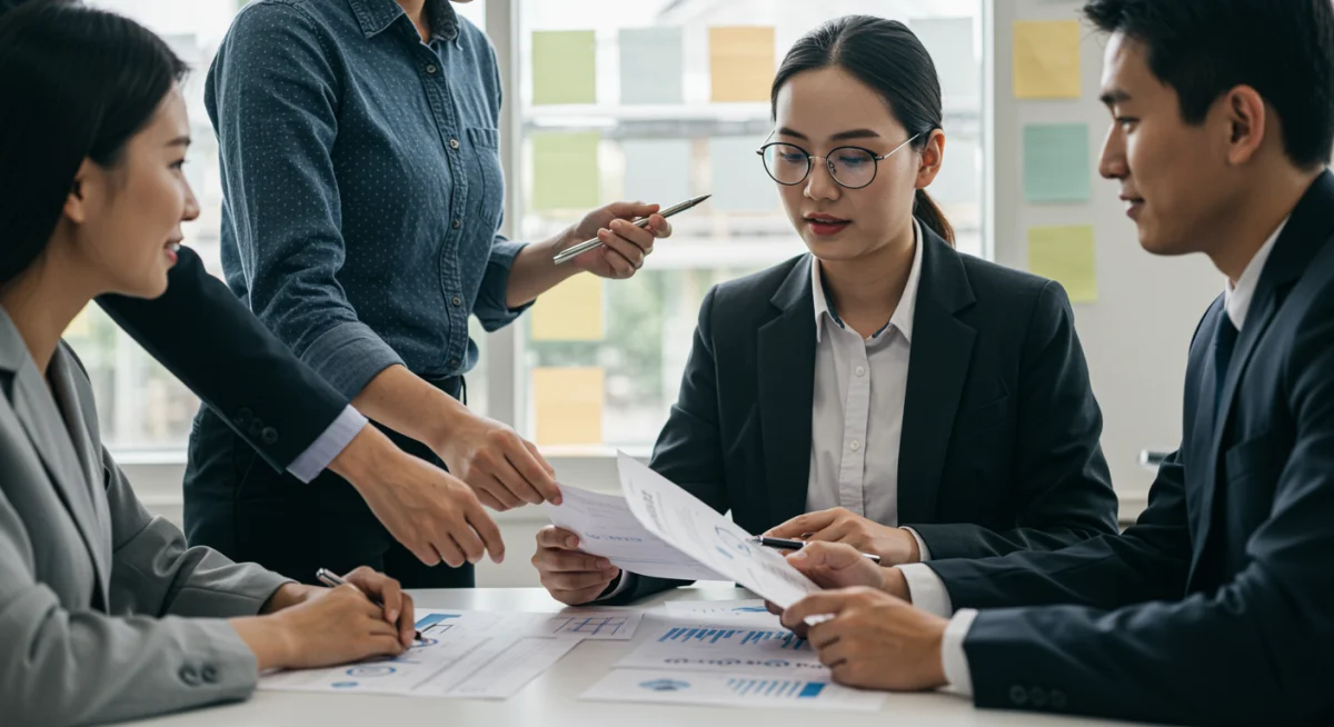 Profissionais da área fiscal trabalhando em equipe, analisando documentos em um escritório moderno.