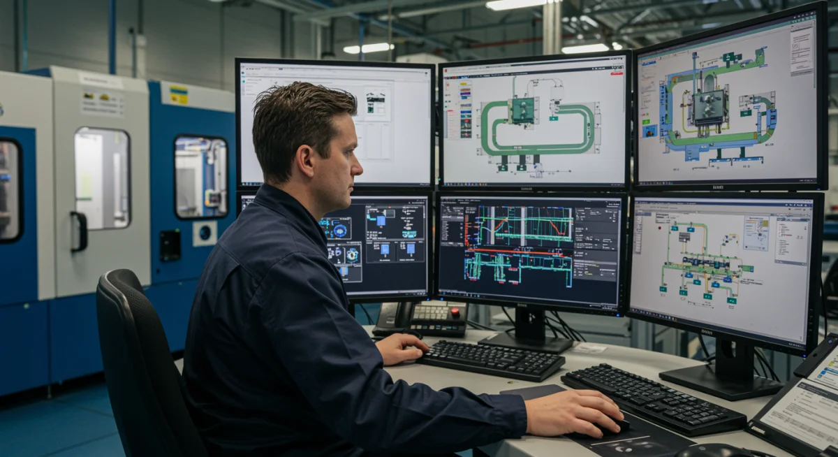 Profissional monitorando sistemas de automação industrial em sala de controle.