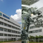 Comparativo entre fachadas de SENAI e Instituto Federal com robô de automação industrial no centro.