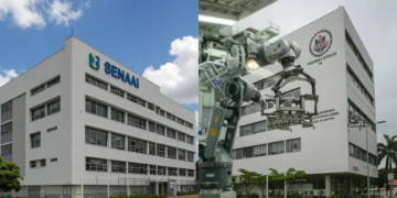 Comparativo entre fachadas de SENAI e Instituto Federal com robô de automação industrial no centro.