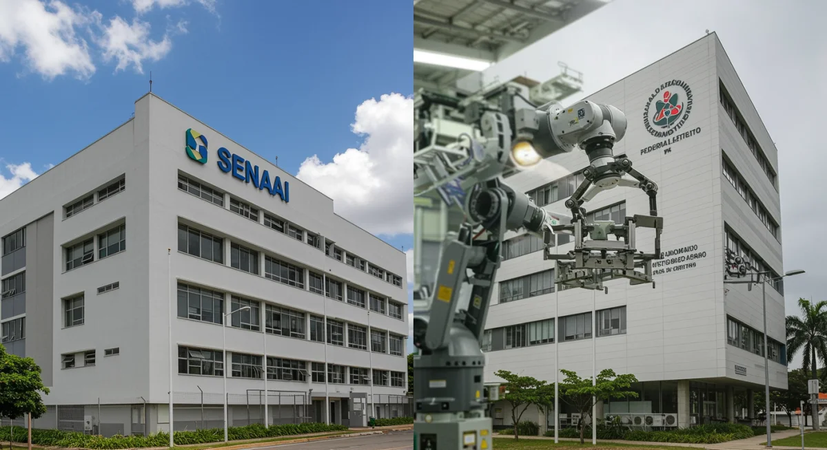 Comparativo entre fachadas de SENAI e Instituto Federal com robô de automação industrial no centro.