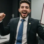 Jovem profissional brasileira sorrindo, celebrando sucesso em sua carreira com um certificado em mãos, simbolizando o impacto de um curso técnico gratuito.