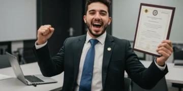 Jovem profissional brasileira sorrindo, celebrando sucesso em sua carreira com um certificado em mãos, simbolizando o impacto de um curso técnico gratuito.