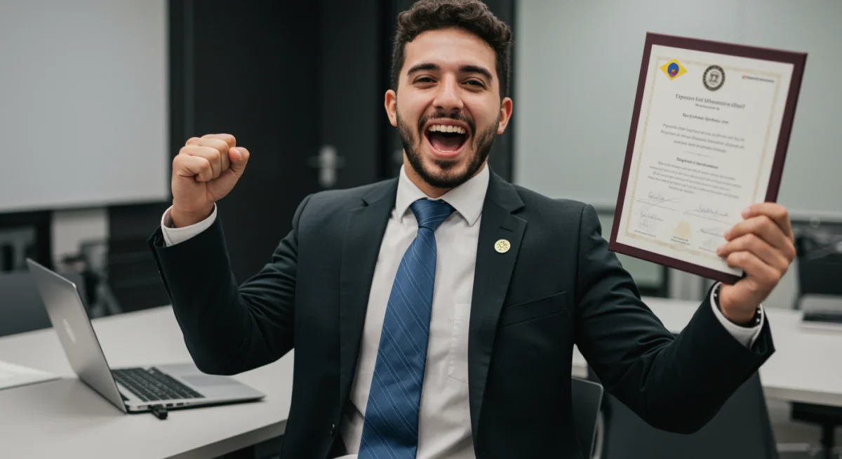 Jovem profissional brasileira sorrindo, celebrando sucesso em sua carreira com um certificado em mãos, simbolizando o impacto de um curso técnico gratuito.