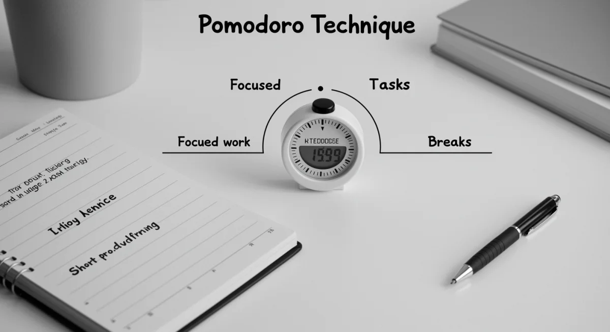 Diagrama da Técnica Pomodoro com timer e anotações.