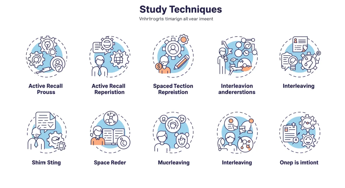 Infográfico detalhando técnicas de estudo eficazes para concursos, como revisão espaçada e memorização ativa.