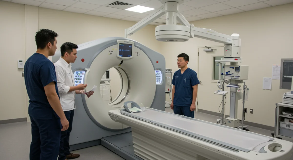 Técnico em radiologia explicando funcionamento de tomógrafo para estagiário.