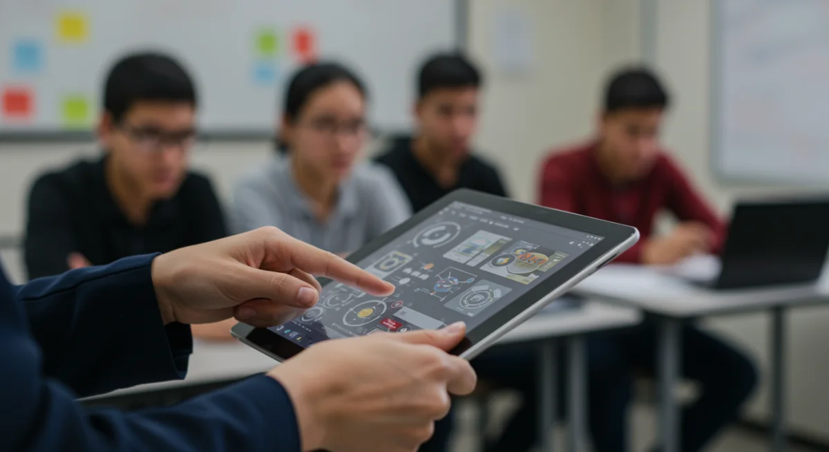 Mãos interagindo com tablet em aula, simbolizando a modernização dos cursos técnicos e o acesso à tecnologia.
