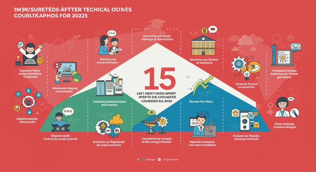 Infográfico dos 15 cursos técnicos gratuitos mais procurados do Pronatec 2025, destacando áreas como TI, saúde e indústria.