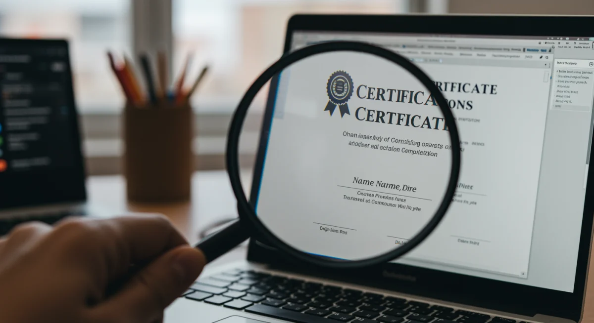 Lupa examinando detalhes de um certificado digital em tela de notebook, verificando a autenticidade e validade.