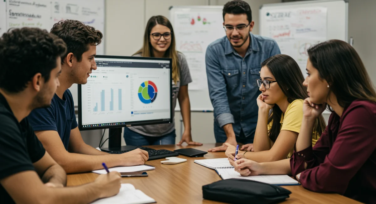 Grupo diverso de alunos participando de uma aula prática de empreendedorismo do SEBRAE, com foco em desenvolvimento de negócios e habilidades digitais.