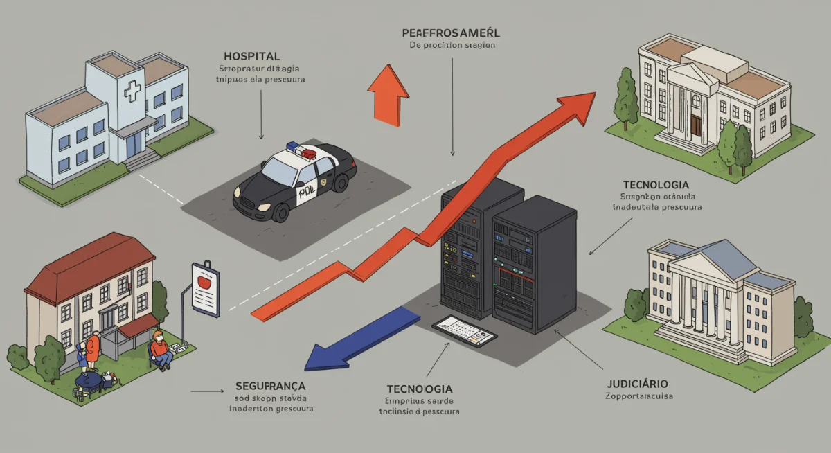 Infográfico detalhado das áreas com mais vagas e melhores salários em concursos públicos para 2026, destacando saúde, tecnologia e segurança.