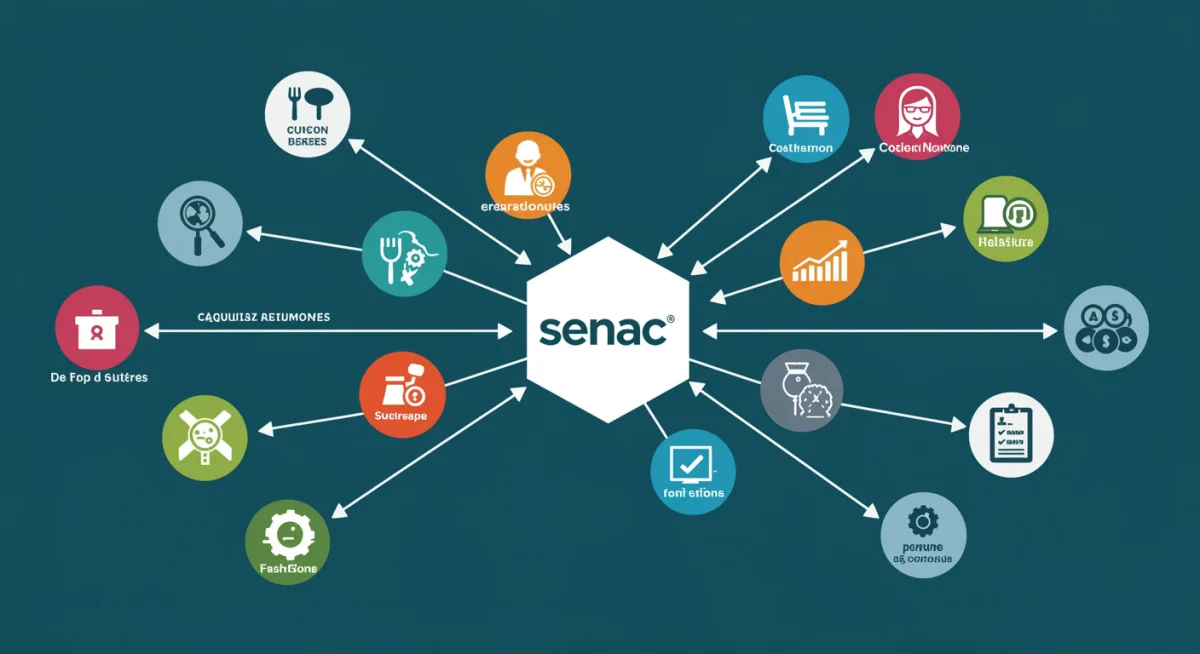 Infográfico com ícones de diversas áreas profissionais como TI, gastronomia e saúde, convergindo para o logo do Senac, representando a variedade de cursos e empregabilidade.