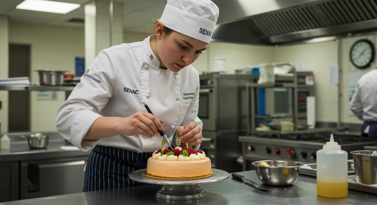 Estudante de culinária decorando um bolo em cozinha profissional do Senac.