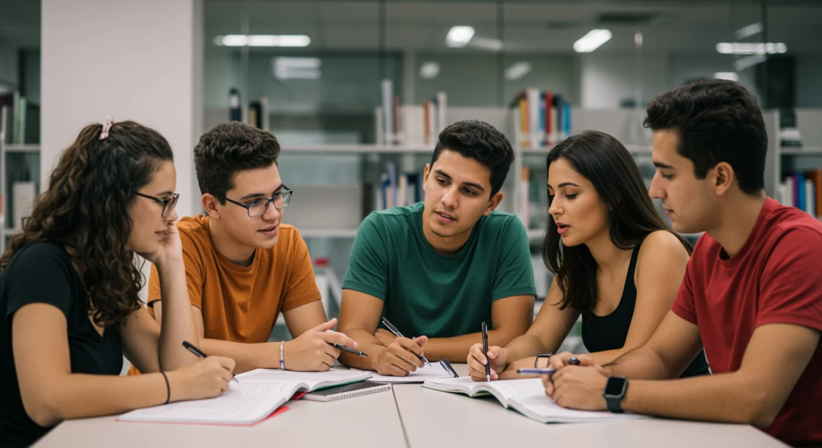 Grupo de estudantes colaborando em um projeto de estudos, aplicando técnicas de preparação para o ENEM 2026.