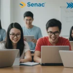 Estudantes diversos utilizando tecnologia em sala de aula do Senac, simbolizando aprendizado e oportunidades de qualificação.