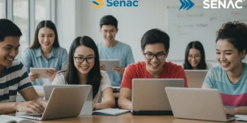 Estudantes diversos utilizando tecnologia em sala de aula do Senac, simbolizando aprendizado e oportunidades de qualificação.