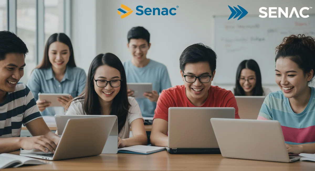 Estudantes diversos utilizando tecnologia em sala de aula do Senac, simbolizando aprendizado e oportunidades de qualificação.