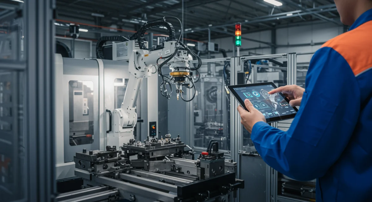 Técnico monitorando máquinas automatizadas em um ambiente industrial, ilustrando a Indústria 4.0 e a automação.