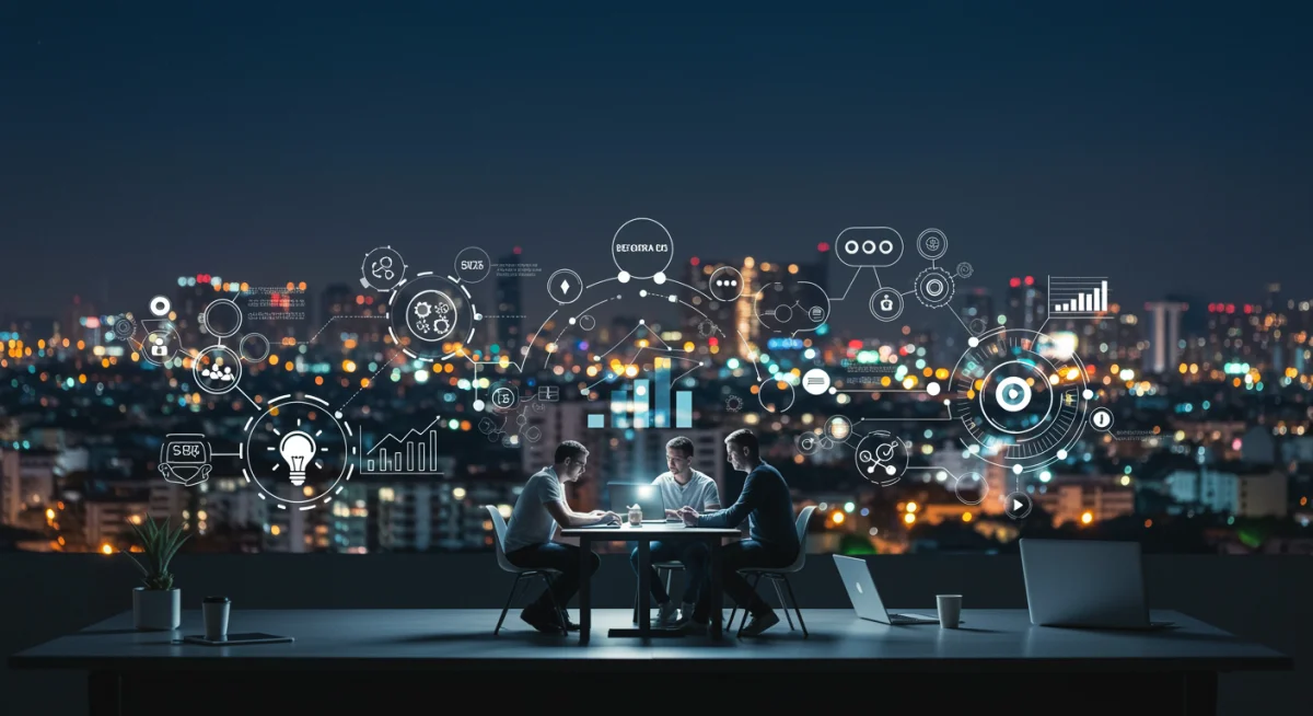 Representação gráfica de uma startup em crescimento, com equipe colaborando em torno de uma mesa, simbolizando a inovação e a criação de novos negócios com o apoio do SEBRAE.