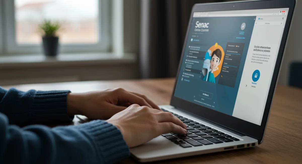 Mãos digitando em um laptop, mostrando a tela de um curso online do Senac, ilustrando o acesso à educação digital.