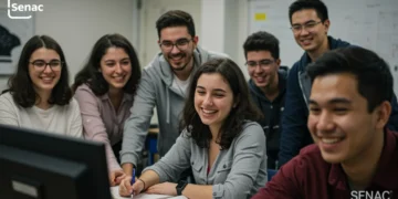 Jovens adultos em sala de aula, aprendendo novas habilidades com o apoio do Senac em 2026.