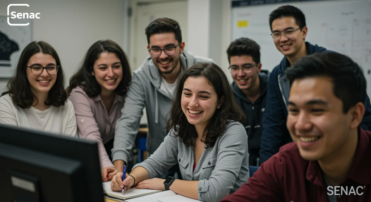 Jovens adultos em sala de aula, aprendendo novas habilidades com o apoio do Senac em 2026.