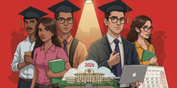 Jovens brasileiros se preparando para concursos públicos de 2026, com livros e computadores, simbolizando estudo e dedicação para alcançar melhores salários e vagas.