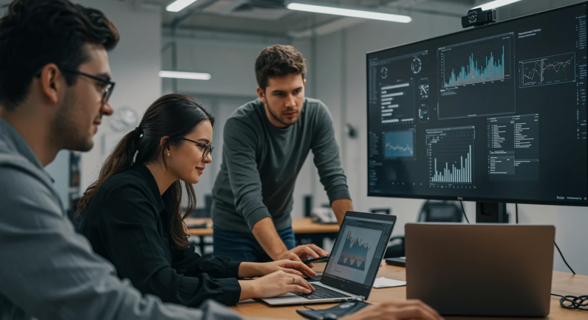 Equipe de profissionais trabalhando em projeto de tecnologia digital, focando em análise de dados e inteligência artificial.
