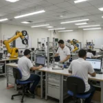 SENAI 2026: Áreas de Demanda e Cursos Essenciais para o Futuro Alunos em sala de aula do SENAI, trabalhando com tecnologia avançada e robótica, representando a formação profissional do futuro.