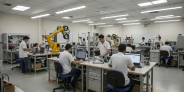 Alunos em sala de aula do SENAI, trabalhando com tecnologia avançada e robótica, representando a formação profissional do futuro.