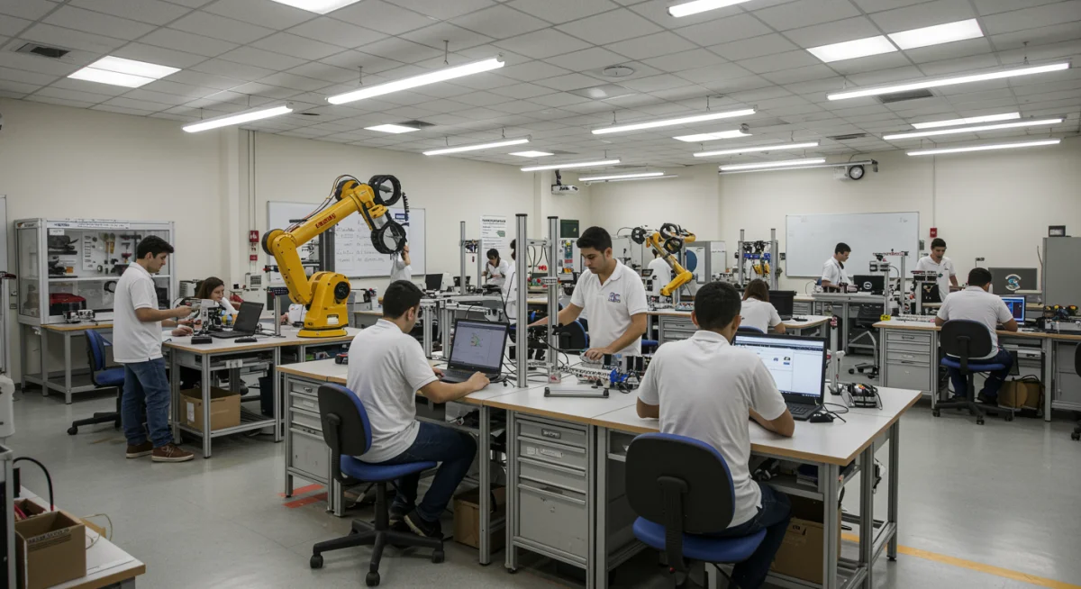 Alunos em sala de aula do SENAI, trabalhando com tecnologia avançada e robótica, representando a formação profissional do futuro.