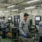 SENAI 2026: Cursos técnicos com maior empregabilidade no futuro Jovens em uniforme do SENAI aprendendo em oficina técnica moderna, representando a alta empregabilidade futura.