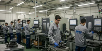 Jovens em uniforme do SENAI aprendendo em oficina técnica moderna, representando a alta empregabilidade futura.