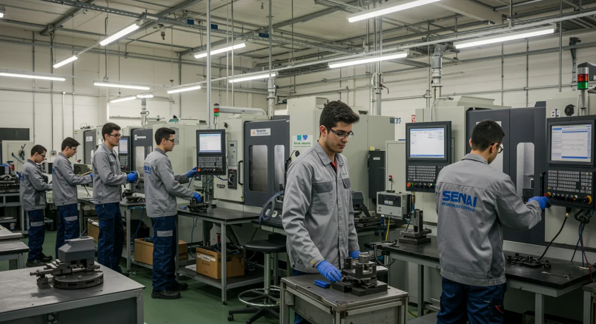 Jovens em uniforme do SENAI aprendendo em oficina técnica moderna, representando a alta empregabilidade futura.